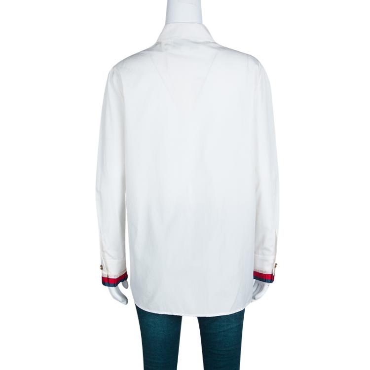 Pre Owned Gucci Magnolia White Cotton Poplin Sylvie Web Trim Brooch Detail Shirt M