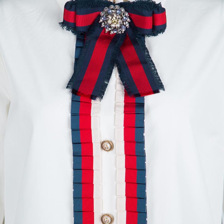 Pre Owned Gucci Magnolia White Cotton Poplin Sylvie Web Trim Brooch Detail Shirt M
