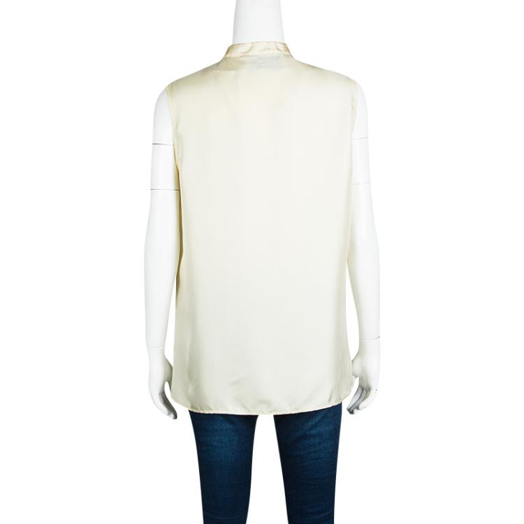 Pre Owned Gucci Cream Silk Floral Embroidered Bow Detail Sleeveless Blouse M