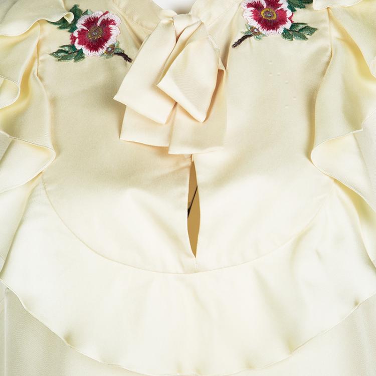 Pre Owned Gucci Cream Silk Floral Embroidered Bow Detail Sleeveless Blouse M