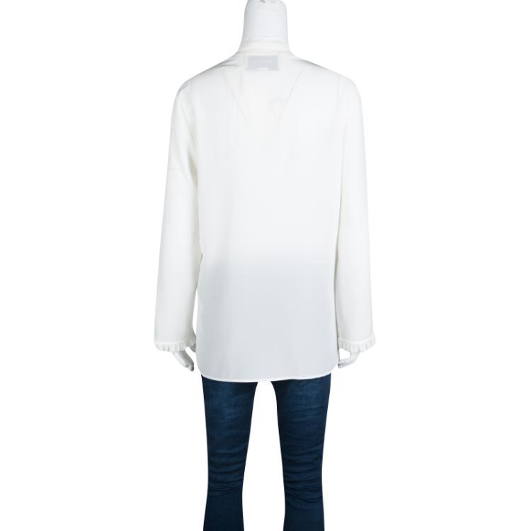 Pre Owned Gucci Off White Silk Pearl Logo Button Front Bow Tie Detail Blouse M