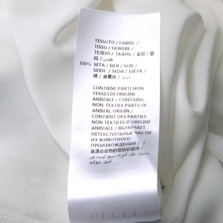 Pre Owned Gucci Off White Silk Pearl Logo Button Front Bow Tie Detail Blouse M