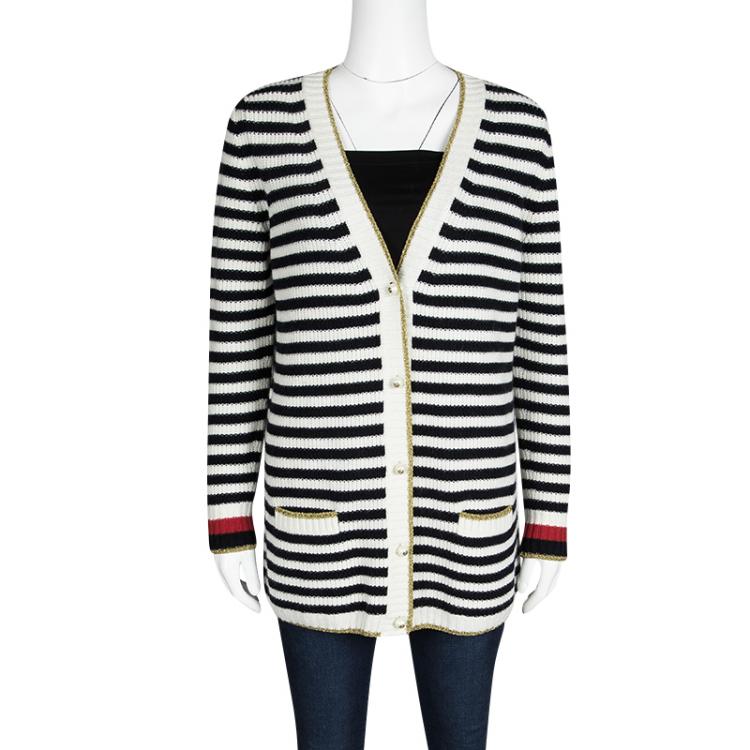 Pre Owned Gucci Monochrome Striped Lurex Trim Detail Cashmere and Wool Cardigan S
