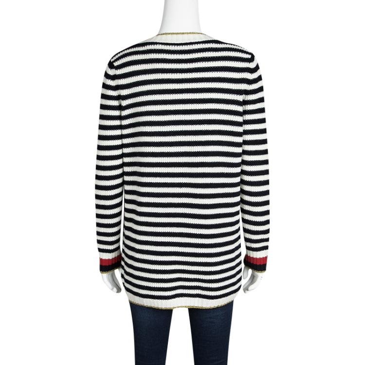 Pre Owned Gucci Monochrome Striped Lurex Trim Detail Cashmere and Wool Cardigan S