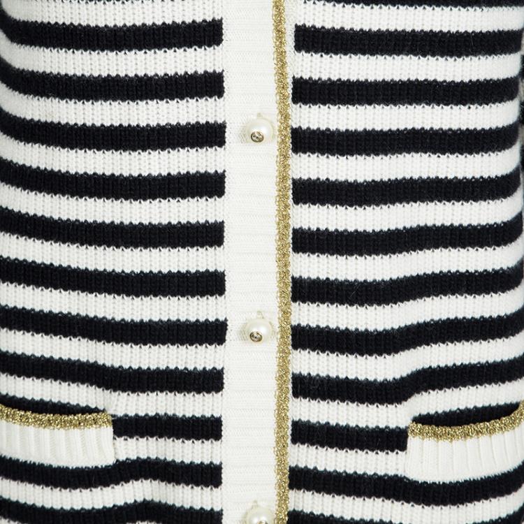 Pre Owned Gucci Monochrome Striped Lurex Trim Detail Cashmere and Wool Cardigan S