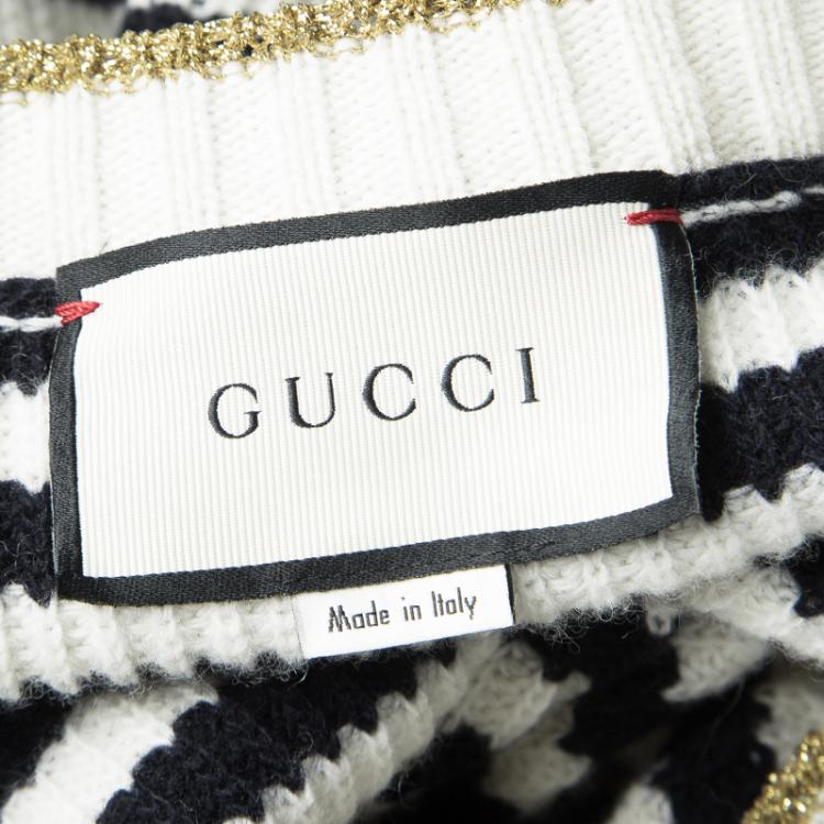 Pre Owned Gucci Monochrome Striped Lurex Trim Detail Cashmere and Wool Cardigan S