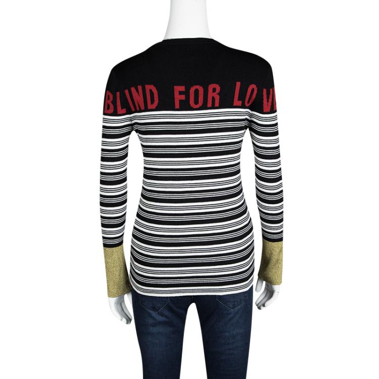 Pre Owned Gucci Monochrome Striped Metallic Cuff Detail Blind For Love Sweater M