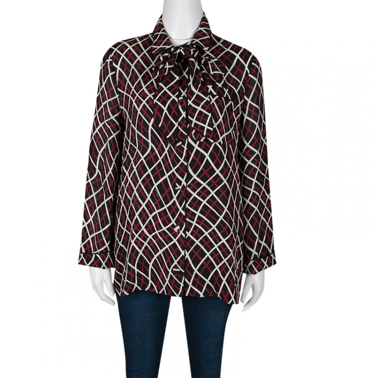 Pre Owned Gucci Black Printed Neck Tie Detail Silk Blouse M