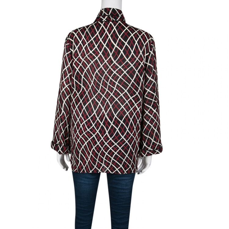 Pre Owned Gucci Black Printed Neck Tie Detail Silk Blouse M