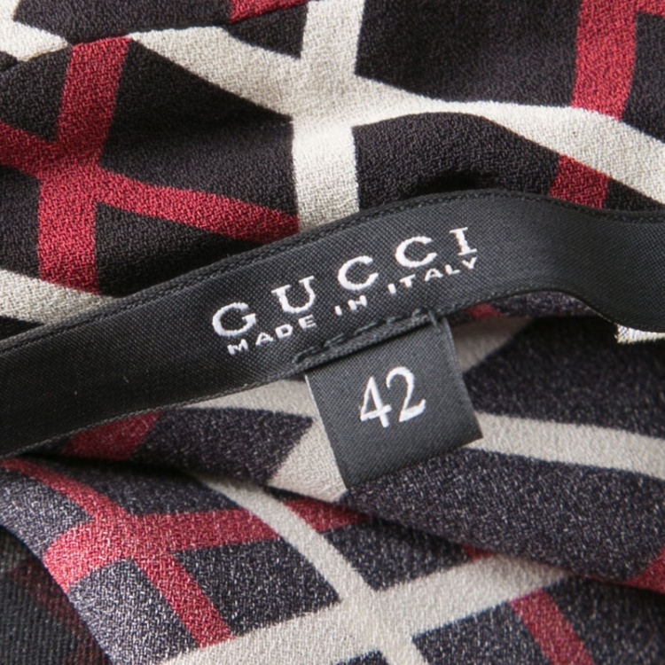 Pre Owned Gucci Black Printed Neck Tie Detail Silk Blouse M