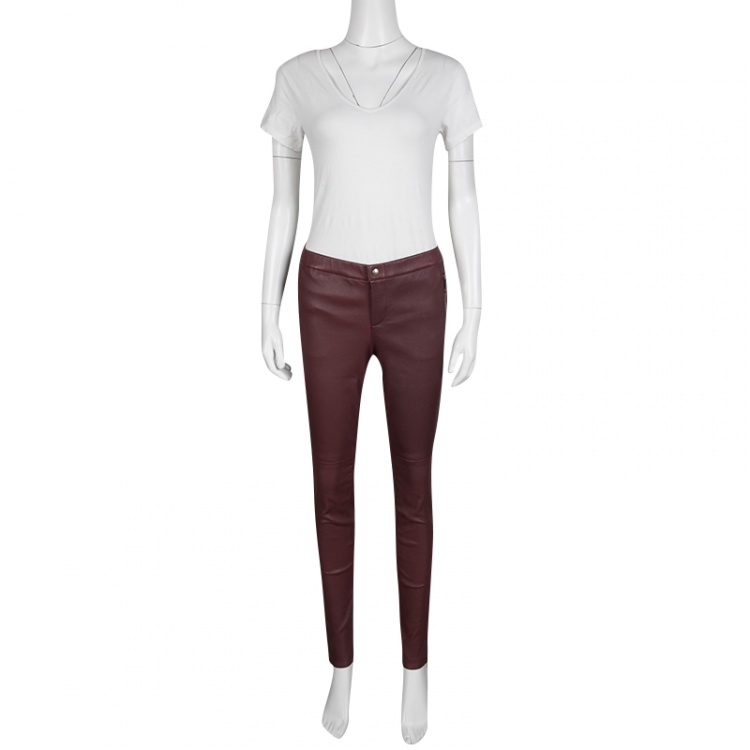 Pre Owned Gucci Burgundy Stretch Leather Zip Detail Leggings M