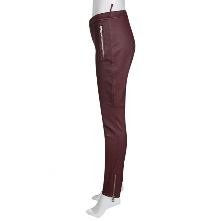 Pre Owned Gucci Burgundy Stretch Leather Zip Detail Leggings M