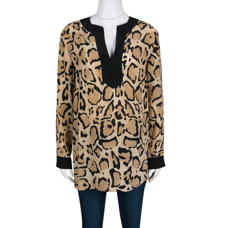 مملوكة مسبقًا Gucci Beige Animal Printed Silk Contrast Trim Long Sleeve Blouse M