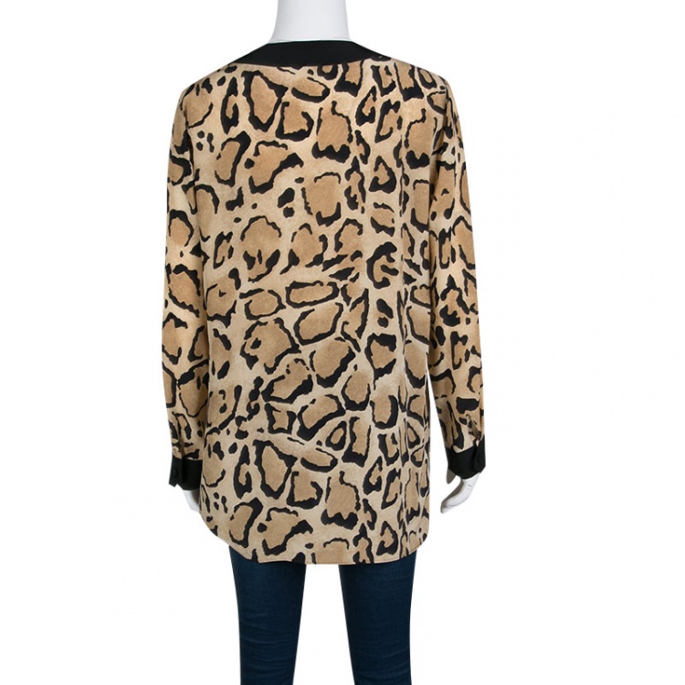 مملوكة مسبقًا Gucci Beige Animal Printed Silk Contrast Trim Long Sleeve Blouse M