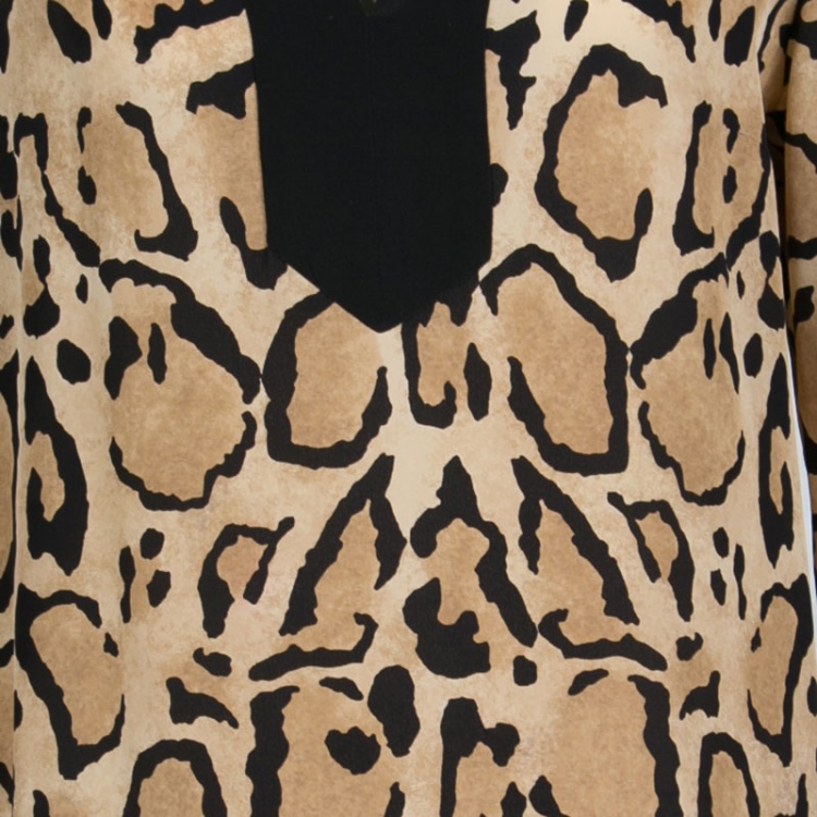 مملوكة مسبقًا Gucci Beige Animal Printed Silk Contrast Trim Long Sleeve Blouse M
