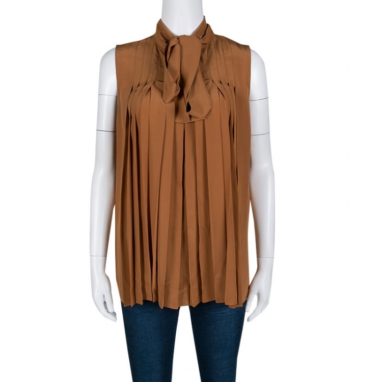 Pre Owned Gucci Tan Brown Pleated Silk Sleeveless Tie Front Top M
