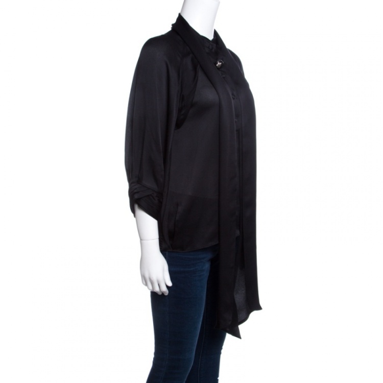 Pre Owned Gucci Black Silk Neck Tie Long Sleeve Blouse M