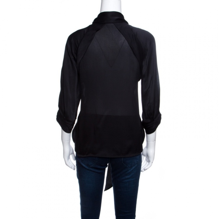 Pre Owned Gucci Black Silk Neck Tie Long Sleeve Blouse M