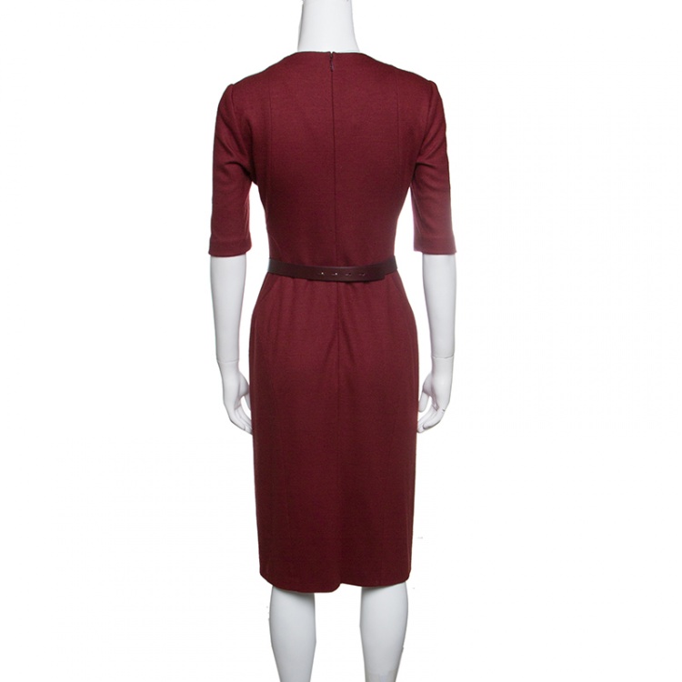 Pre Owned Gucci Red Wool Horsebit Buckle Detail Belted Short Sleeve Dress S