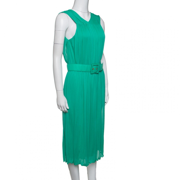 Pre Owned Gucci Mint Green Pleated Sleeveless Belted Dress M