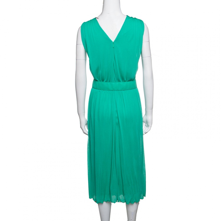 Pre Owned Gucci Mint Green Pleated Sleeveless Belted Dress M