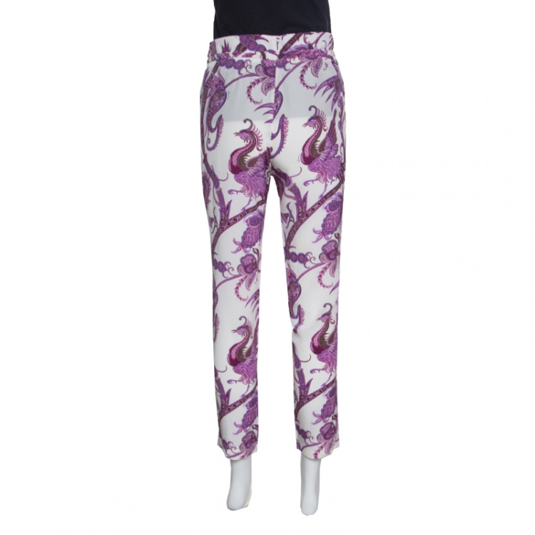 Pre Owned Gucci White and Purple Peacock and Floral Printed Silk Pants S
