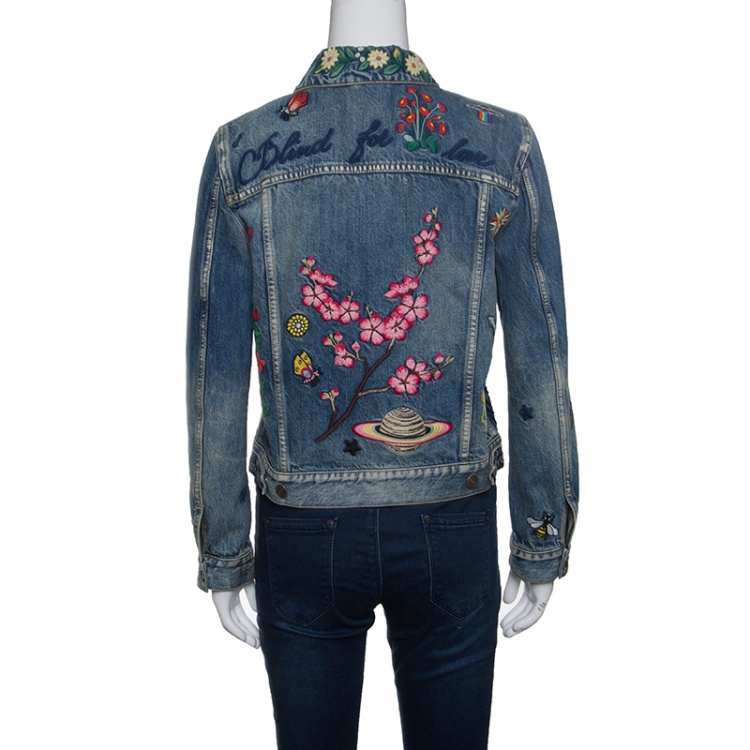 Pre Owned Gucci Blue Faded Effect Embroidered Denim Jacket M