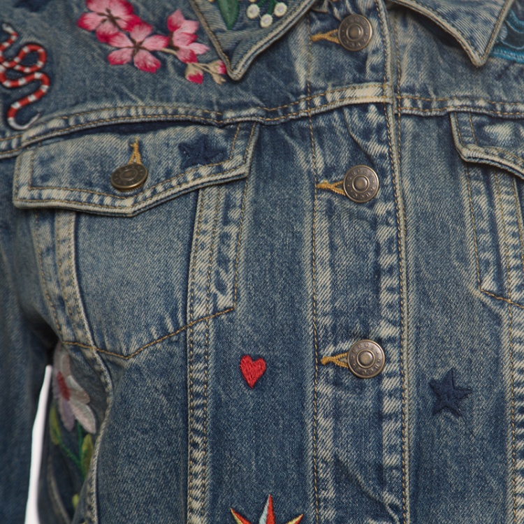 Pre Owned Gucci Blue Faded Effect Embroidered Denim Jacket M