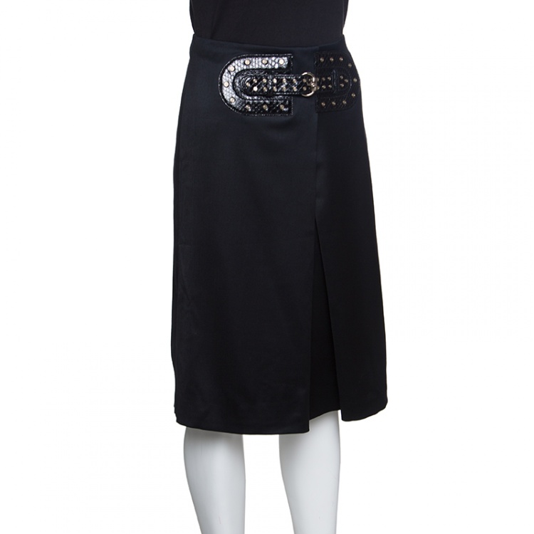 Pre Owned Gucci Black Wool Faux Belt Detail Inverted Pleat Front Skirt S