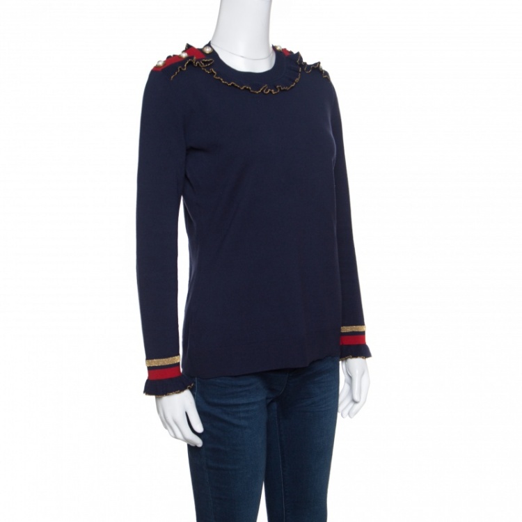 Pre Owned Gucci Navy Blue Wool Ruffled Lurex Trim Buttoned Shoulder Sweater M