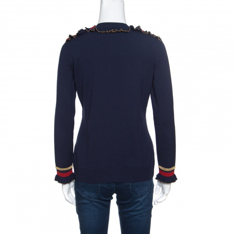 Pre Owned Gucci Navy Blue Wool Ruffled Lurex Trim Buttoned Shoulder Sweater M