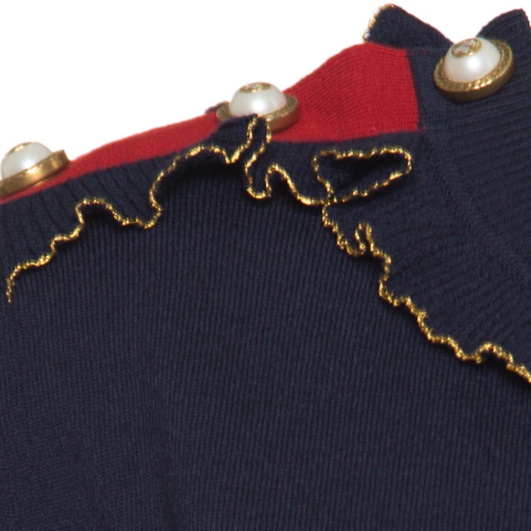 Pre Owned Gucci Navy Blue Wool Ruffled Lurex Trim Buttoned Shoulder Sweater M