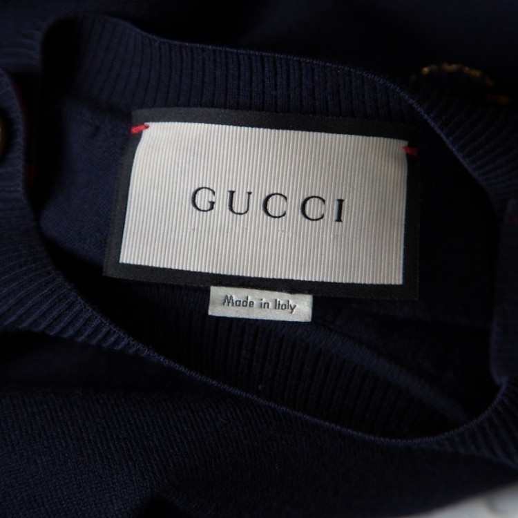 Pre Owned Gucci Navy Blue Wool Ruffled Lurex Trim Buttoned Shoulder Sweater M