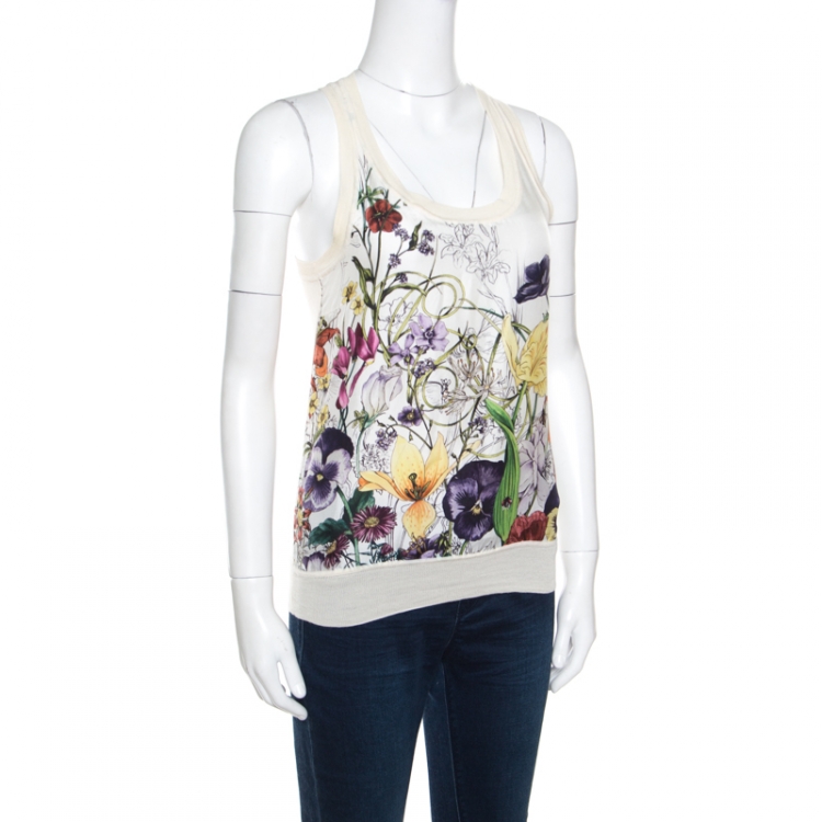 Pre Owned Gucci Beige Floral Printed Silk Rib Trim Sleeveless Top XS