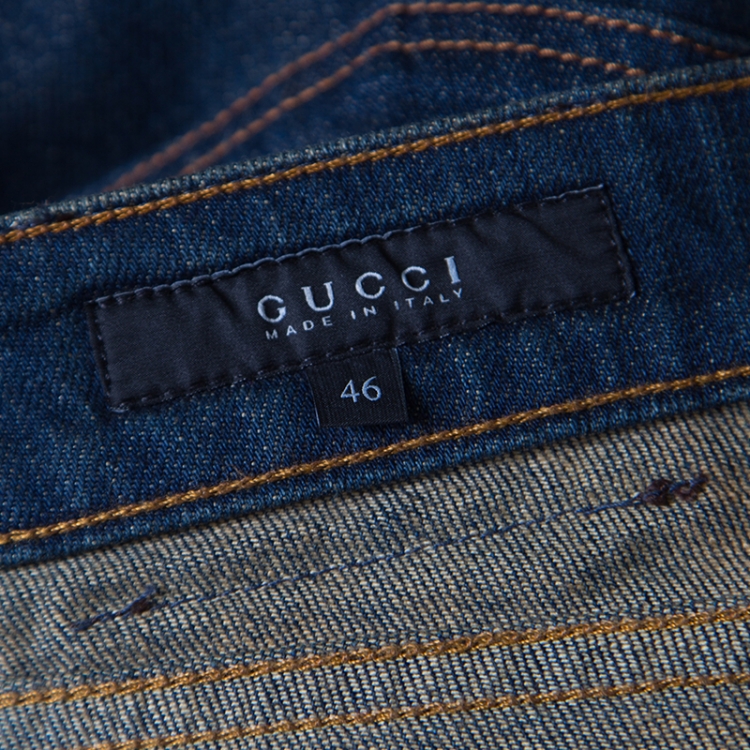 Pre Owned Gucci Indigo Dark Wash Faded Effect Denim Flared Jeans L