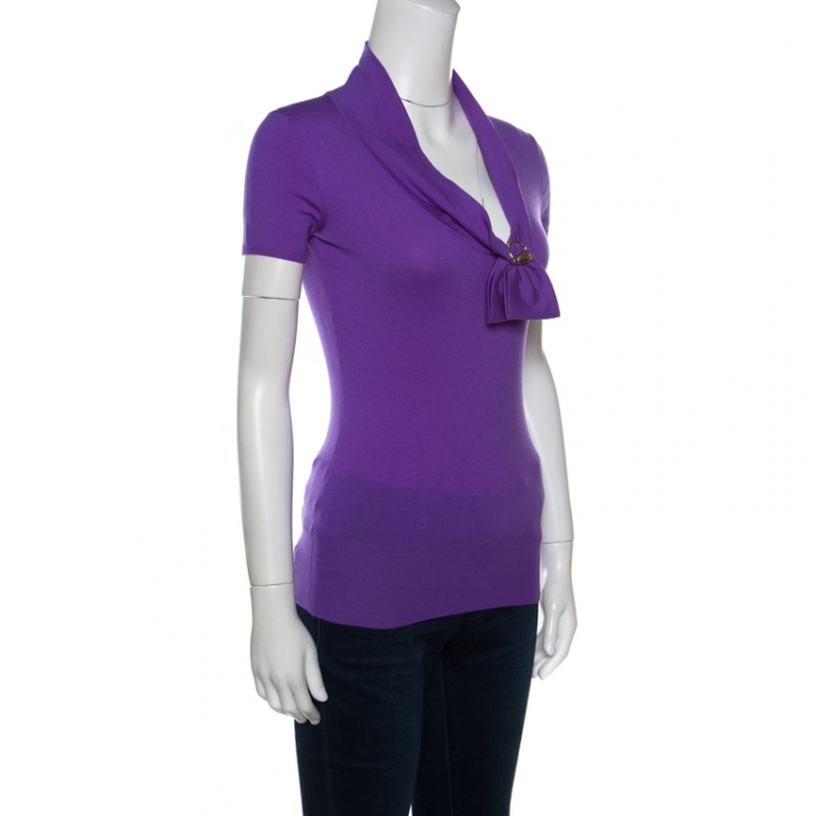 Pre Owned Gucci Purple Wool Horsebit Metal Detail V Neck Sweater Top S