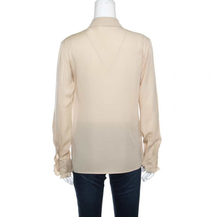 Pre Owned Gucci Beige Silk Ruffle Placket and Cuff Detail Long Sleeve Blouse S