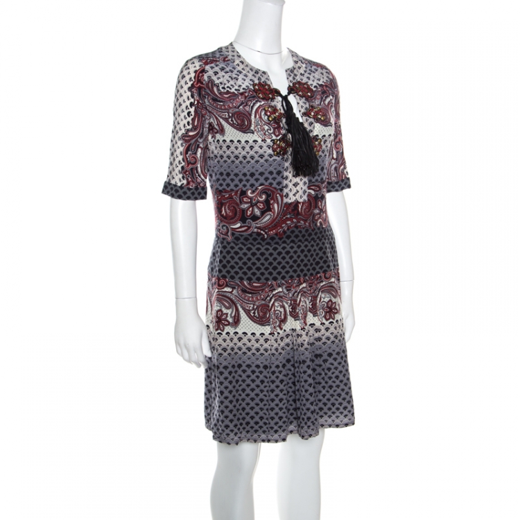 Pre Owned Gucci Multicolor Oriental Printed Silk Embellished Drop Waist Shift Dress S