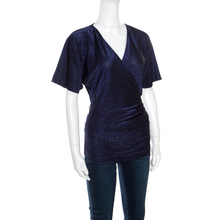 Pre Owned Gucci Purple Lurex Knit Faux Wrap Front Plunge Neck Top S