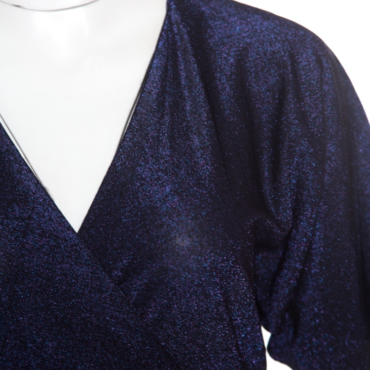 Pre Owned Gucci Purple Lurex Knit Faux Wrap Front Plunge Neck Top S