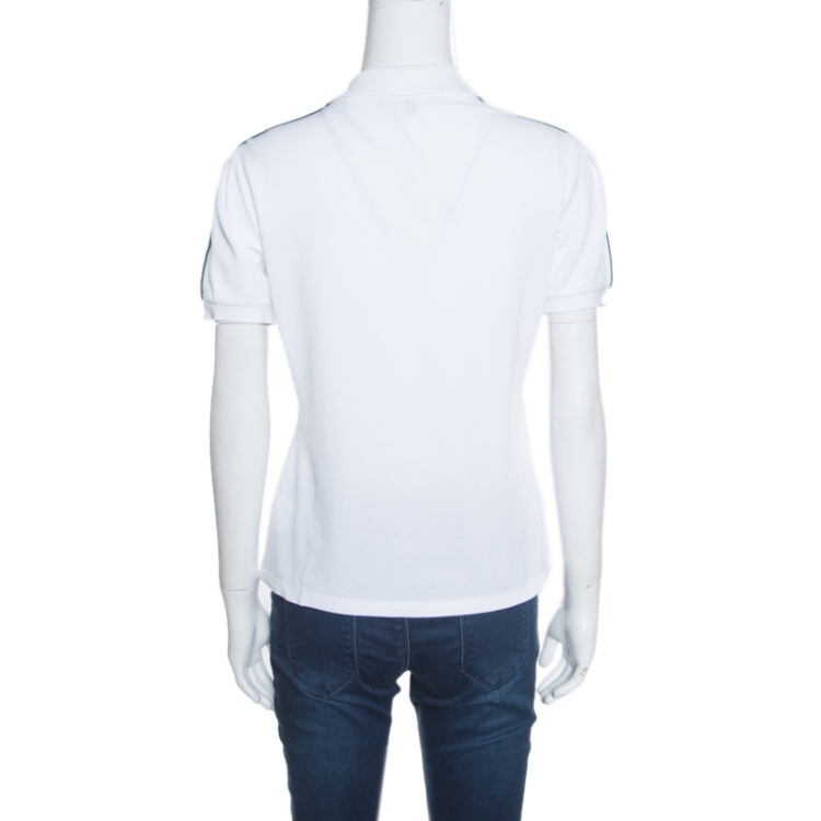 Pre Owned Gucci White Cotton Pique Web Stripe Trim Zip Front Polo T Shirt M