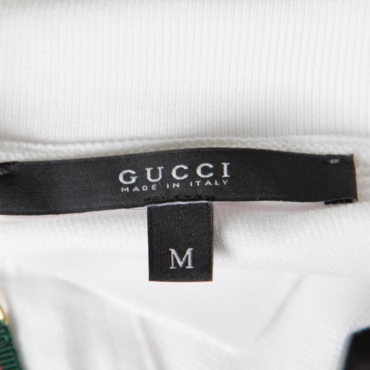 Pre Owned Gucci White Cotton Pique Web Stripe Trim Zip Front Polo T Shirt M