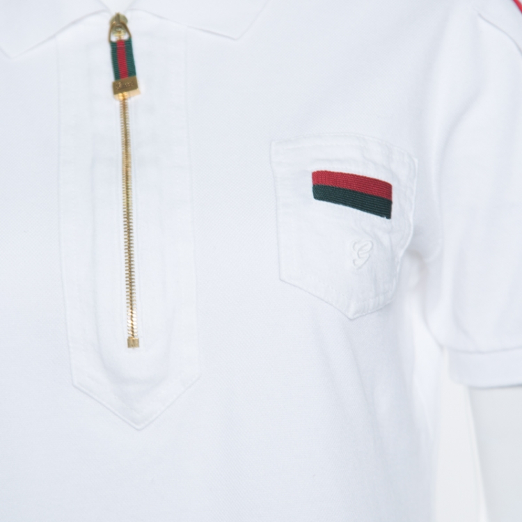 Pre Owned Gucci White Cotton Pique Web Stripe Trim Zip Front Polo T Shirt M