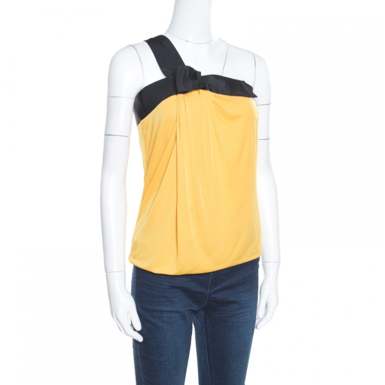 Pre Owned Gucci Yellow and Black Draped One Shoulder Top S