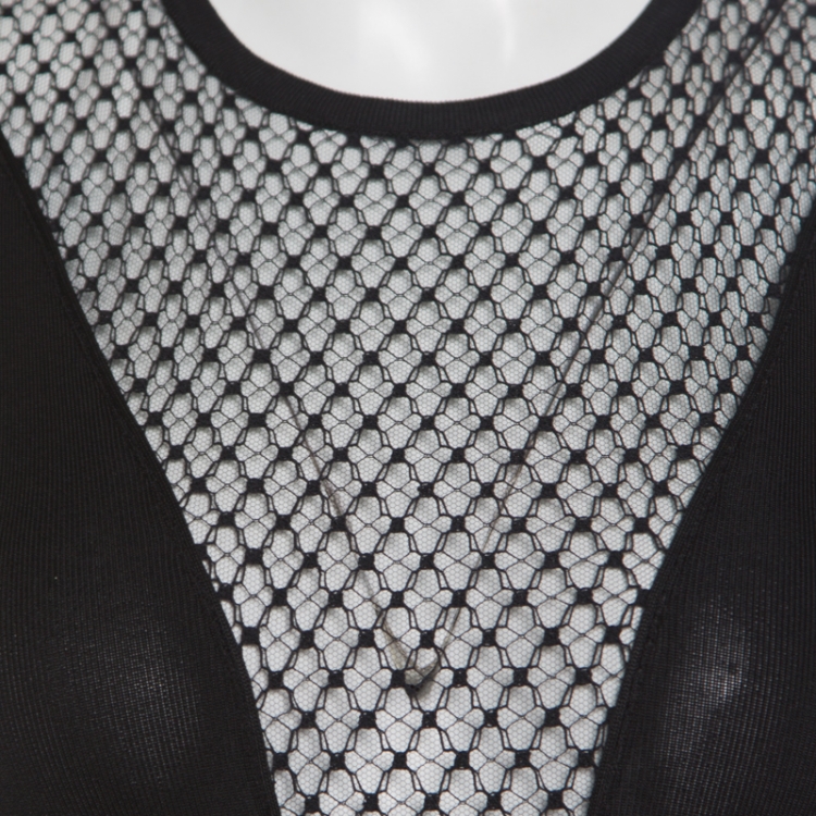Pre Owned Gucci Black Mesh Insert Ribbed Knit Short Sleeve Top XS