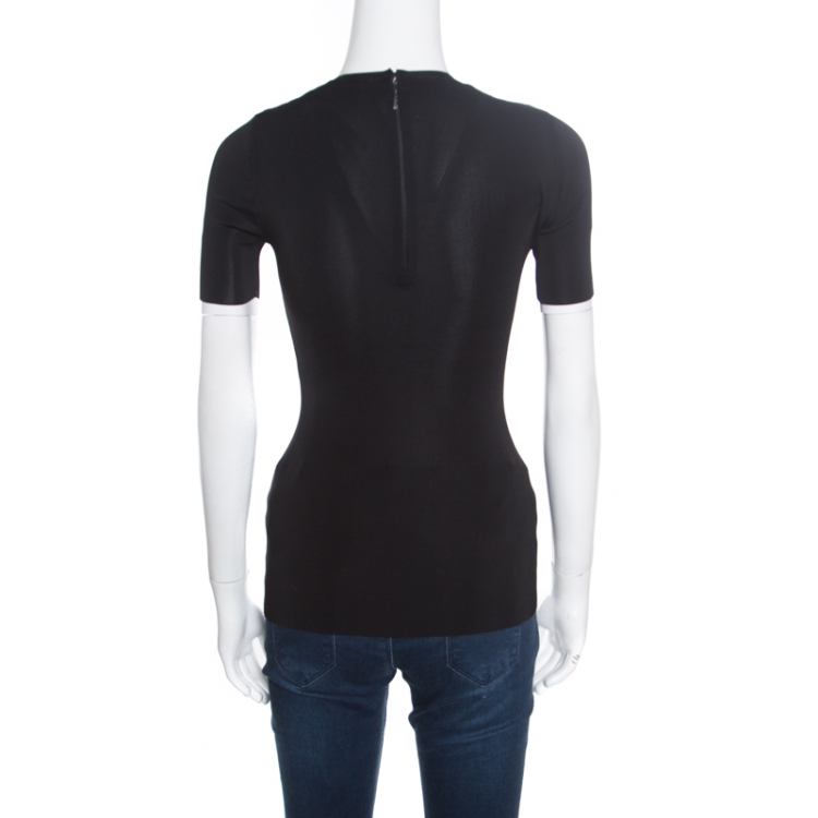 Pre Owned Gucci Black Mesh Insert Ribbed Knit Short Sleeve Top XS