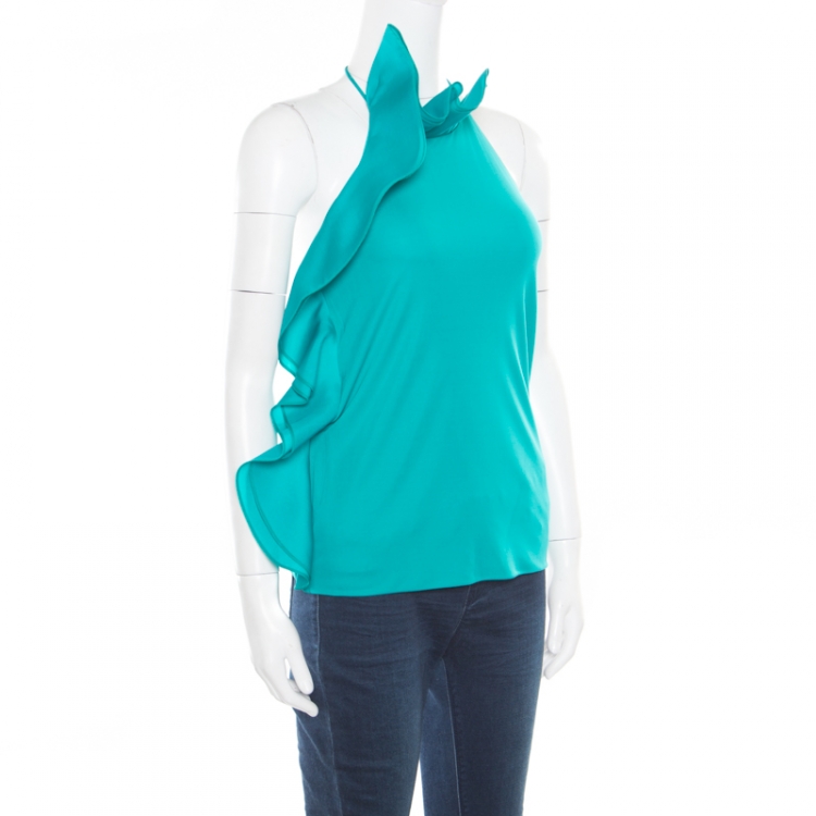 Pre Owned Gucci Emerald Green Jersey Knit Ruffle Detail Halter Top XS