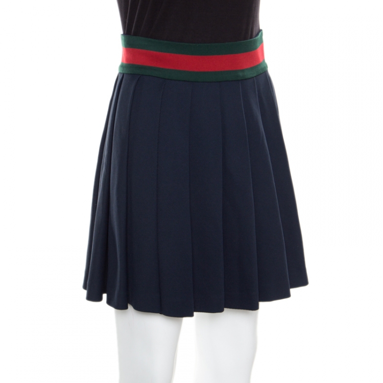 Pre Owned Gucci Navy Blue Knit Web Trim Waist Detail Pleated Skirt XS