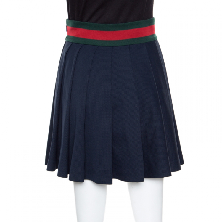 Pre Owned Gucci Navy Blue Knit Web Trim Waist Detail Pleated Skirt XS