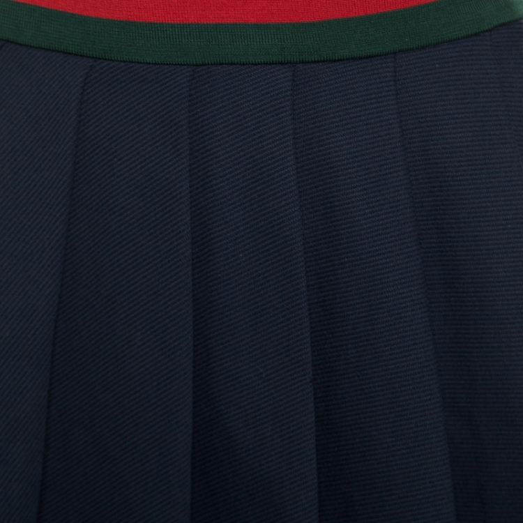 Pre Owned Gucci Navy Blue Knit Web Trim Waist Detail Pleated Skirt XS